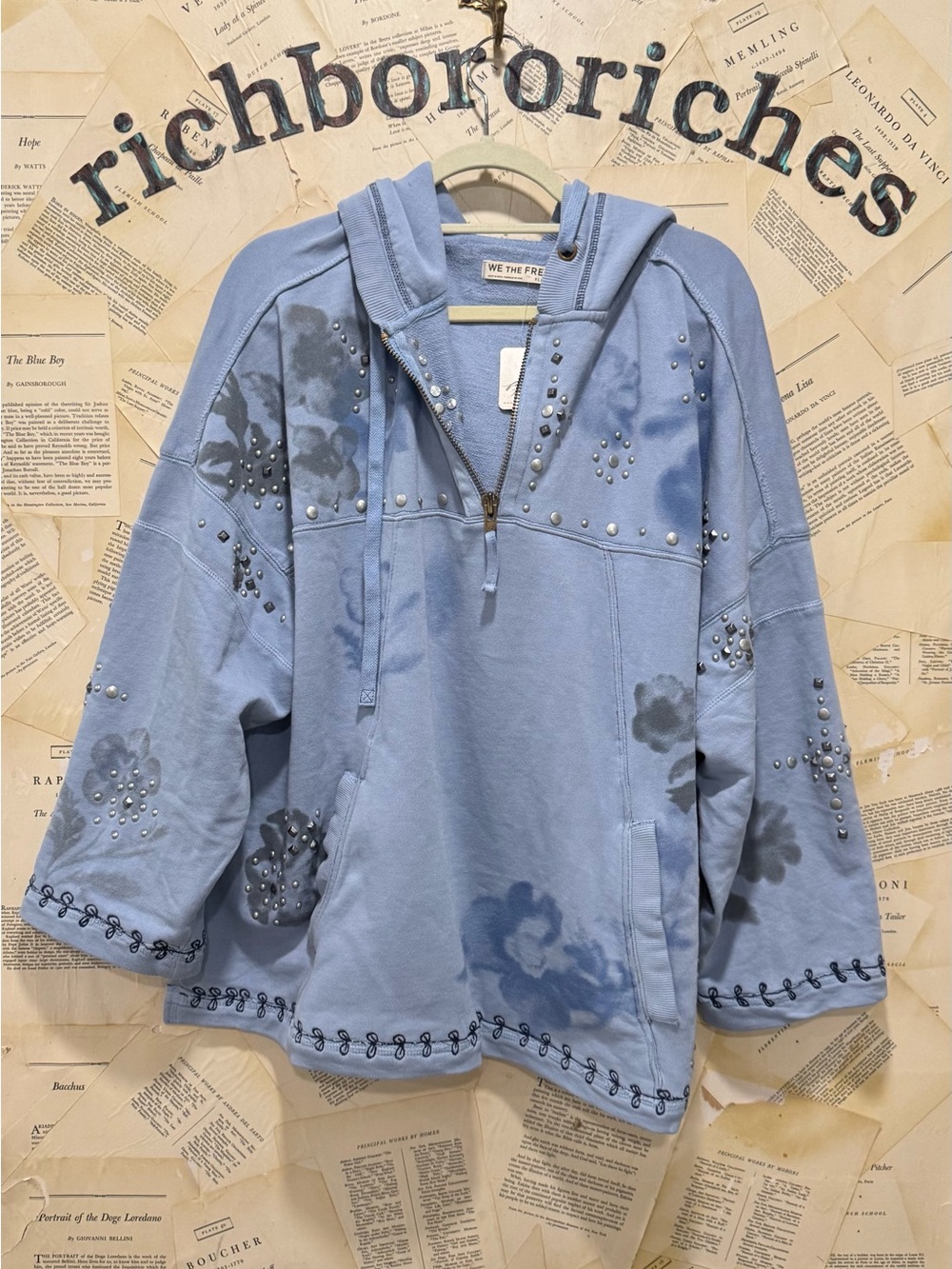 Free People Silver Half Zip Hoodie We The Free Studded Embroidered Indigo - Picture 4 of 5
